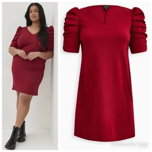 NWT Torrid Plus Size 3 3X 22/24 PUFF SLEEVE MINI DRESS - TEXTURED KNIT RED - Picture 2 of 6